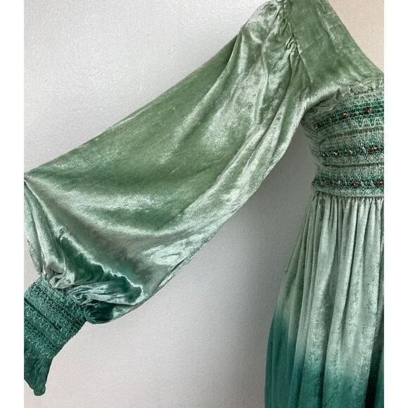 Urban Outfitters Green Velvet Dress Med Rhinestone Fairy Festival Boho Romantic - Picture 7 of 14
